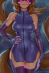 2:3 animal_humanoid bbc-chan big_breasts breasts brown_hair canid canid_humanoid canine canine_humanoid clothing dress exposure_variation female fox_humanoid front_view hair hand_on_hip hi_res humanoid legwear mammal mammal_humanoid solo thigh_highs wide_hips