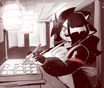 4_fingers anthro apron big_breasts breasts clothed clothing cooking female fingers food grill hair hair_over_eye hut one_eye_obstructed ponytail scar solo takoyaki anaugi hachimitsu canid canine canis domestic_dog mammal 2023 hi_res monochrome