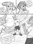 anthro anthrofied bottomwear clothed clothing dialogue footwear fully_clothed group male pokemorph shirt shoes shorts socks t-shirt text topwear trio fuze nintendo pokemon gao_(fuze) jolt_(fuze) pawl_(fuze) electrike generation_3_pokemon mudkip pokemon_(species) poochyena 2015 3:4 comic english_text greyscale hi_res monochrome