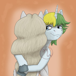 bent_leg blonde_eyebrows blonde_mane blue_body blue_fur blue_horn closed_smile comforting duo eyebrows facial_scar feathered_wings feathering feathers female female_feral feral fur green_mane grey_body grey_fur grey_hooves grey_wings hooves horn hug hugging_another lidded_eyes light logo looking_at_another male male_feral mane medium_mane mouth_closed multicolored_mane orange_background pink_scar scar simple_background smile smiling_at_another two_tone_mane unicorn_horn wings skywater hasbro my_little_pony mythology fan_character sol_bright victoria_(rayrage) equid equine mammal mythological_creature mythological_equine pegasus unicorn 1:1 2026 absurd_res adobe_photoshop_(artwork) artist_logo colored digital_drawing_(artwork) digital_media_(artwork) english_description hi_res lighting shaded female_(lore)