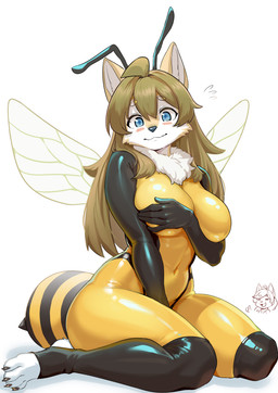 anthro biped blush breasts claws clothed clothed_anthro clothed_female clothing feet female fingers front_view hair kneeling looking_at_viewer navel simple_background solo toes wings treyer arthropod bee canid canine fox hybrid hymenopteran insect mammal 2026 absurd_res digital_drawing_(artwork) digital_media_(artwork) hi_res