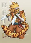 accessory animal_ears anthro armband blonde_hair clenched_teeth clothed clothing fur hair headband holding_object holding_weapon knifes long_hair male markings open_clothing open_shirt open_topwear shirt sleeveless_shirt solo striped_markings stripes teeth topwear weapon yellow_body yellow_fur monkeygogo breath_of_fire capcom rei_(breath_of_fire) animal_humanoid felid felid_humanoid feline feline_humanoid humanoid mammal mammal_humanoid