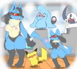 2019 3_fingers 3_toes absol anthro blue_body blue_fur blush breasts canid canine claws feet female fingers fur generation_1_pokemon generation_3_pokemon generation_4_pokemon genitals group level_difference lucario mammal milkteafox navel nintendo nipples nude pawpads pikachu pokemon pokemon_(species) pussy red_eyes riolu rodent standing steam toes wynaut