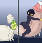 anthro balls big_balls big_penis bodily_fluids bottomless clothed clothing cum duo femboy fur genital_fluids genitals glory_hole huge_balls huge_penis hugging_penis hyper hyper_balls hyper_genitalia hyper_penis male male/male penis riding shirt small_but_hung smile spandex standing stuck_penis tight_clothing topwear white_body white_fur razbunny deltarune undertale undertale_(series) asriel_dreemurr kris_(deltarune) bovid caprine goat human mammal hi_res