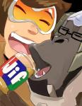 brown_hair duo eyewear female food glasses goggles hair laugh male open_mouth parody peanut_butter smile aipiepo blizzard_entertainment overwatch tracer_(overwatch) winston_(overwatch) ape gorilla haplorhine human mammal primate low_res meme