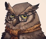 beak biped brown_body eyewear glasses scarf simple_background solo you_miichi nairi:_tower_of_shirin nairi_(series) walter_(nairi) avian bird owl 2017 official_art portrait