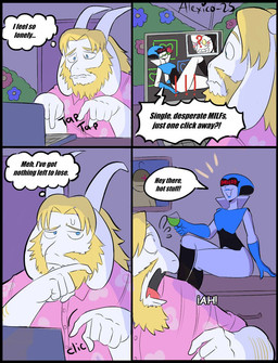 4_panel_comic acid anthro beard blonde_beard blonde_facial_hair blonde_hair blue_eyes blue_lips clothing computer container cup dialogue drinking_glass duo electronics facial_hair female flower fur glass glass_container glass_cup group hair horn laptop lips machine male mature_female mature_male pink_clothing pink_shirt pink_topwear plant pop-up_ads rose_(flower) shirt speech_bubble surprised text thought_bubble topwear trio white_body white_fur wine_glass thecooleralexico_(artist) deltarune undertale_(series) asgore_dreemurr queen_(deltarune) spamton_g._spamton bovid caprine goat humanoid mammal robot comic english_text hi_res translated