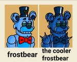 anthro blue_body blue_eyes bow_tie clothing duo half-closed_eyes hat headgear headwear ice ice_body icicle looking_at_viewer machine male narrowed_eyes orange_background round_ears simple_background simple_coloring smile spikes teal_eyes teal_sclera teeth text top_hat hjhfdvjhffvnj five_nights_at_freddy's five_nights_at_freddy's_ar scottgames the_cooler_daniel black_ice_frostbear freddy_frostbear_(fnaf_ar) animatronic bear mammal robot 2020 english_text meme