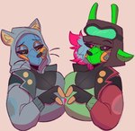 anthro b0rdness big_breasts blue_eyes breasts clothing female female/female hair jacket pink_eyes pink_hair smile topwear kudalewds team_fortress_2 valve pyro_(team_fortress_2) dear hi_res