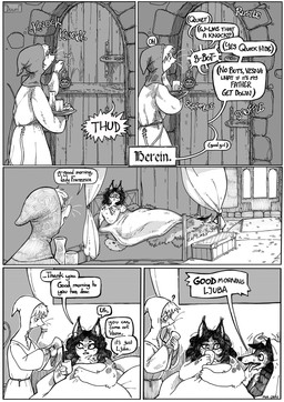 after_sex anthro bed blush bodily_fluids clothed clothed_anthro clothed_female clothing container cup dialogue door female female/female fully_clothed fully_clothed_anthro fully_clothed_female fur furniture group hair hiding historical holding_object knocking_on_door medieval nude nude_anthro nude_female onomatopoeia pouring_liquid question_mark sound_effects surprised sweat text trio under_covers window mia_cain freiin_franzesca_ostermunzer ljuba vesna_(mia_cain) canid canine canis felid feline lynx mammal mouse murid murine rodent wolf absurd_res artist_name comic english_text hatching_(art) hi_res monochrome shaded