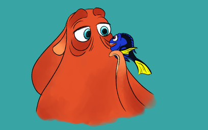 blue_background blue_body blue_eyes duo eye_bags eye_contact female feral fish_tail looking_at_another male male/female orange_body orange_tentacles purple_eyes simple_background size_difference tail tear_trough tentacles yellow_fin yellow_tail jageunjagiya disney finding_dory finding_nemo pixar dory_(finding_nemo) hank_(finding_dory) acanthurid aquatic fish giant_pacific_octopus regal_tang 2023 hi_res