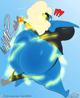 ambiguous_gender anthro big_breasts big_butt black_clothing blonde_hair blue_background blue_body breasts butt butt_jiggle butt_slap clothing clothing_pull disembodied_hand duo electricity female hair huge_breasts huge_butt hyper hyper_butt jiggling onomatopoeia panties panty_pull shocked simple_background slap sound_effects spanking surprised text thick_thighs underwear underwear_pull masterj291 nintendo patreon pokemon marianne_(vardindrain) generation_2_pokemon mareep pokemon_(species) 2026 hi_res url