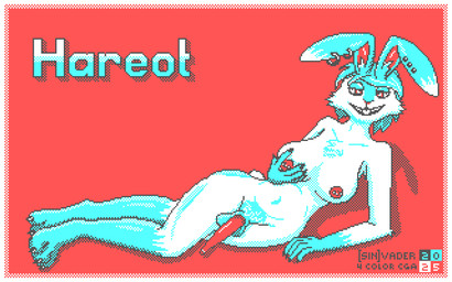 4_colors animal_genitalia animal_penis anthro arm_support balls barbell_piercing blue_body blue_fur blue_hair border breasts buckteeth cga cheek_tuft chest_tuft digitigrade ear_piercing erection eyeliner facial_tuft feet fur furgonomics furry-specific_piercing genitals gynomorph hair hand_on_breast intersex lagomorph_penis leaning_on_elbow long_ears looking_at_viewer lying makeup nipple_piercing nipples nude on_side penis piercing ring_piercing short_hair simple_background smile smiling_at_viewer solo teeth text tuft white_body white_border white_fur [in]vader hareot_([in]vader) hare lagomorph leporid mammal 16:10 digital_media_(artwork) dithering pixel_(artwork) restricted_palette widescreen