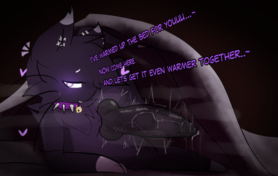anthro bed bedding bedroom_eyes big_knot big_penis blanket bodily_fluids collar cum_stain excessive_genital_fluids excessive_precum furniture genital_fluids genitals heart_symbol huge_knot huge_penis inviting inviting_to_bed inviting_to_sex knot male narrowed_eyes night penis piercing precum purple_eyes seductive smug smug_face solo stained_bed_sheet text throbbing throbbing_penis c3b4sc4t talon_(symfiz) felid mammal