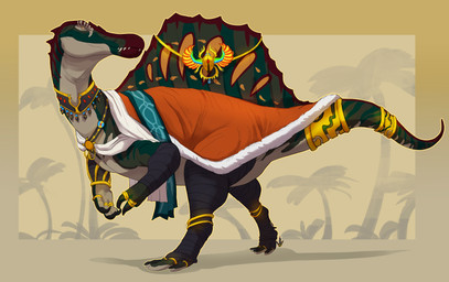 clothing feral gold_(metal) green_body jewelry male markings necklace orange_markings red_markings ring solo thedinosaurmann menes dinosaur prehistoric_species reptile scalie spinosaurid spinosaurus theropod absurd_res hi_res