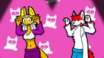 anthro blue_bottomwear blue_clothing blue_pants bottomwear chest_tuft clothing coat crop_top dot_eyes duo female happy lab_coat male navel pants pink_background purple_bottomwear purple_clothing purple_pants shirt simple_background smile tongue tongue_out topwear tuft tempestryder caramelldansen faulty_logic fox_(faulty_logic) jaylss ambiguous_species canid canine fox mammal 2009 animated meme short_playtime