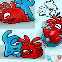 anthro aroused_smile blue_body blush bodily_fluids candy cum cum_inside dessert doggystyle ejaculation food from_behind_position genital_fluids genitals gummy_(food) male male/male penis red_body sex sleep_sex sleeping translucent translucent_body nakeilyar jelly_defense mr._jellicious various_artists_(jelly_defense) food_creature goo_creature gummy_creature living_candy 1:1 hi_res