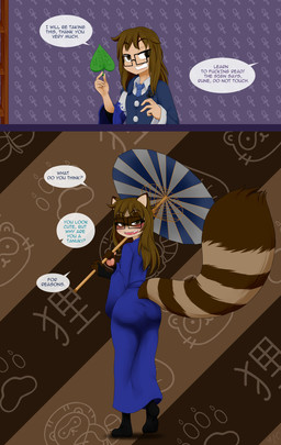 anthro anthrofied asian_clothing big_butt blue_clothing blue_kimono blue_necktie blue_yukata brown_body brown_fur brown_hair butt clothing east_asian_clothing eyewear femboy fur glasses grin hair holding_object holding_umbrella japanese_clothing kimono long_hair male multicolored_body multicolored_fur necktie pawpads pink_pawpads profanity rectangular_glasses smile solo species_transformation tanuki_leaf tanuki_tail text thick_thighs transformation umbrella yukata mentalcrash animal_humanoid canid canid_humanoid canine canine_humanoid human humanoid mammal mammal_humanoid raccoon_dog tanuki tanuki_humanoid absurd_res english_text hi_res