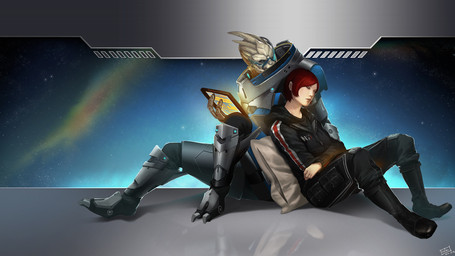 3_fingers armor back_to_back clothed clothing duo electronics eyes_closed female fingers hair hoodie interspecies male pillow red_hair romantic romantic_ambiance romantic_couple short_hair sitting space tablet tablet_computer topwear wei723 bioware electronic_arts mass_effect n7 commander_shepard female_shepard garrus_vakarian alien human mammal turian 16:9 hi_res widescreen