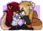 5_fingers alternative_fashion anthro arm_grab bat_symbol brown_body brown_fur chibi clothed clothing daww duo ear_piercing eyes_closed female fingers fluffy fluffy_tail fur hair hoodie inner_ear_fluff kneeling legwear looking_at_another piercing raised_tail red_hair side_view smile sweater tail thick_thighs topwear tuft dtalvi doll_(character) canid canine mammal