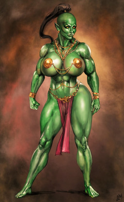 big_breasts breasts clothed clothing female green_body green_ears green_skin humanoid_pointy_ears muscular muscular_female muscular_humanoid not_furry pointy_ears skimpy solo jlazarus humanoid orc full-length_portrait hi_res portrait