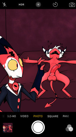 anthro balls camera_view clothed clothing duo erection genitals looking_at_genitalia looking_at_penis male male/male nude penis red_body red_penis sleeping text yellow_sclera trashbadger hellaverse helluva_boss blitzo_(helluva_boss) moxxie_(helluva_boss) demon imp english_text hi_res