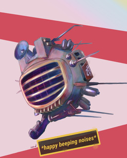 abstract_background ambiguous_gender antennae_(anatomy) floating license_plate machine metal new_vegas not_furry satellite_dish solo text kassical fallout microsoft ed-e_(fallout) eyebot_(fallout) robot 4:5 english_description english_text hi_res signature