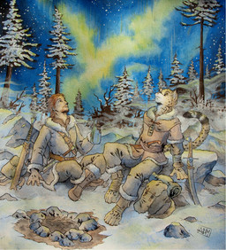 4_toes 5_fingers anthro arm_wraps aurora_(phenomenon) backpack barefoot belt boots bottle brown_hair campfire clothed clothing coat container dagger detailed_background dipstick_ears dipstick_tail dirt duo ear_markings facial_hair feet fingers foot_wraps footwear forest fur gloves hair handwear holding_bottle holding_container holding_object looking_up male markings melee_weapon multicolored_ears multicolored_tail night on_ground outside pawpads plant red_hair rock sash scabbard shoes sitting sky snow spots spotted_body spotted_fur star starry_sky stick striped_markings striped_tail stripes sword tail tail_markings toes topwear tree weapon wraps 0laffson enorach_(0laffson) lars_(0laffson) cheetah felid feline human mammal 2014 hi_res traditional_media_(artwork)