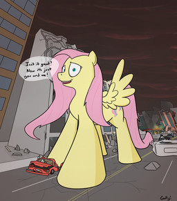 building car crushed_vehicle cutie_mark destroyed_building dialogue female feral looking_at_viewer macro mane open_mouth outside pink_mane road solo speech_bubble spread_wings text vehicle wings yellow_body rapidstrike friendship_is_magic hasbro my_little_pony mythology fluttershy_(mlp) equid equine mammal mythological_creature mythological_equine pegasus 2015 english_text hi_res