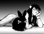 anthro bone bone_in_mouth domestic_pet duo eyewear female feral glasses lying male on_side hladilnik cedric_(hladilnik) mary_ann_(hladilnik) american_opossum lagomorph leporid mammal marsupial rabbit 2024 black_and_white hi_res monochrome