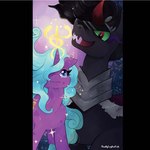 bodily_fluids duo eye_contact female feral horn looking_at_another magic male simple_background sinister smile tears reallycoykoifish friendship_is_magic hasbro my_little_pony mythology king_sombra_(mlp) radiant_hope_(mlp) equid equine mammal mythological_creature mythological_equine unicorn