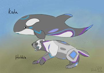 ambiguous_gender blue_stripes duo feral fur fur_markings happy markings purple_stripes stripes hubofeverything hubble_(hubofeverything) koda_(hubofeverything) aquatic cetacean dolphin gulonine mammal mustelid musteline oceanic_dolphin orca toothed_whale wolverine 2026 absurd_res full-length_portrait hi_res portrait