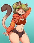 anthro athletic_wear belly blush bottomwear bulge clothing femboy feminine_pose green_hair hair hoodie male shorts smile solo topwear yellow_eyes vehementvirus anisette_(noitro) domestic_cat felid feline felis mammal