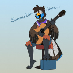 3_toes 5_fingers acoustic_guitar anthro arm_tuft beak black_body black_claws black_feathers blue_body blue_feathers bottomwear brown_body brown_feathers cheek_tuft chest_tuft claws clothed clothing emanata eyes_closed facial_tuft feathers feet fingers furniture gradient_background grey_bottomwear grey_clothing grey_shorts guitar head_tuft holding_guitar holding_musical_instrument holding_object knee_tuft leg_tuft male musical_instrument open_beak open_mouth playing_guitar playing_music plucked_string_instrument purple_body purple_feathers raised_foot red_tongue shorts shorts_only shoulder_tuft simple_background singing sitting solo stool string_instrument tail tail_feathers text toes tongue topless tuft white_body white_feathers winged_arms wings wrist_tuft yellow_beak jayheartwing jay_(sammfeatblueheart) avian bird trogon trogonid 1:1 2023 english_text flat_colors hi_res