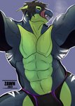 absurd_res anthro bulge clothed clothing dragon european_mythology hair hi_res jockstrap licking licking_lips male muscular muscular_anthro muscular_male mythological_creature mythological_scalie mythology pecs scalie simple_background smile tongue tongue_out underwear western_dragon zack_talon zawn