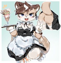 anthro anus barely_visible_anus biped blue_background blue_eyes blush blush_lines bodily_fluids border breasts brown_body brown_fur brown_hair buckteeth butt butt_shot chest_tuft claws cleavage clothed clothed_anthro clothed_female clothing condom cum cum_drip dripping female female_anthro filled_condom finger_claws front_view fully_clothed fully_clothed_anthro fully_clothed_female fur fur_tuft genital_fluids gesture hair hand_gesture highlights_(coloring) looking_at_viewer maid_apron maid_headdress maid_uniform monotone_body monotone_fur monotone_hair narrowed_eyes open_mouth parfait_(dessert) raised_tail sexual_barrier_device short_hair simple_background solo straight_hair tail teeth tuft uniform v_sign waiter white_body white_border white_fur white_highlights ookm flying_squirrel mammal rodent sciurid 2023 digital_drawing_(artwork) digital_media_(artwork) shaded soft_shading