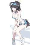 black_hair bodily_fluids bottomwear breasts cleavage clothed clothing female footwear hair halo pale_skin shoes sitting skirt solo sweat white_body white_skin urec blue_archive hibiki_nekozuka animal_humanoid canid canid_humanoid canine canine_humanoid dog_humanoid humanoid mammal mammal_humanoid 2022 hi_res