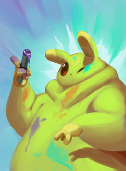 3_fingers ambiguous_gender anthro belly big_belly black_eyes dewlap_(anatomy) fingers green_body holding_object holding_stick looking_at_viewer one_eye_closed overweight overweight_ambiguous overweight_anthro paint paint_on_body paint_on_self paint_splatter semi-anthro simple_background solo stick wink winking_at_viewer citrusslugcat rain_world videocult citrus_(slugcat) slugcat