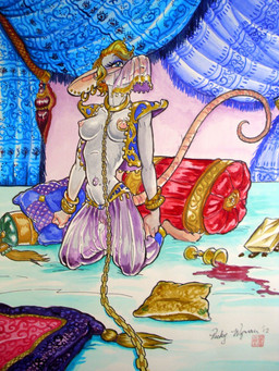 anthro blonde_hair blue_eyes bracelet breasts chain chain_leash clothed clothing collar container cup curtains ear_piercing ear_ring eyelashes eyeshadow female fur genitals goblet gold_(metal) gold_chain gold_jewelry grey_body grey_fur hair harem harem_clothing harem_girl harem_jewelry harem_outfit harem_pants harem_veil jewelry kneeling leash makeup nipple_piercing nipple_ring nipples one_nipple_pierced open_clothing open_topwear open_vest piercing pillow rat_tail ring_piercing solo spilled_drink spilled_liquid tail topwear translucent translucent_clothing vest vulva vicky_wyman hunter_(schnookums) mammal murid murine rat rodent 3:4 hi_res