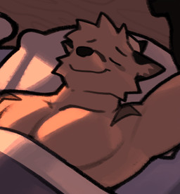 anthro bed bed_sheet bedding fur furniture hair lying male muscular muscular_male on_back pecs raised_arm sleeping smile solo underarm rygel_spkb yoby_(rygel_spkb) canid canine canis domestic_dog mammal hi_res