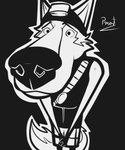 anthro bottomwear clothed clothing hat headgear headwear humor looking_at_viewer male pants perspective solo tail pinumontbalou epic_games fortnite wendell_(fortnite) canid canine canis mammal wolf absurd_res hi_res meme monochrome