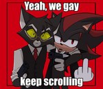 anthro constricted_pupils duo flipping_viewer_off frown gesture gesturing_at_viewer gun half-closed_eyes hand_gesture looking_at_viewer male male/male middle_finger narrowed_eyes pronounced_browridge pupils ranged_weapon small_pupils text weapon thisisanerror lackadaisy sega sonic_the_hedgehog_(series) yeah_we_gay_keep_scrolling mordecai_heller shadow_the_hedgehog domestic_cat eulipotyphlan felid feline felis hedgehog mammal crossover english_text image_macro meme redraw