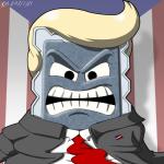 1:1 angry close-up clothed clothing donald_trump grey_clothing grey_topwear hair hi_res kitsoone looking_at_viewer male mario_bros narrowed_eyes necktie nintendo not_furry open_mouth politics president rock solo squint suit teeth thwomp topwear white_clothing white_topwear