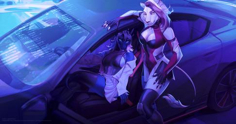 anthro black_clothing black_legwear black_topwear blue_body blue_eyes car clothed clothing duo eyelashes female hair legwear looking_at_viewer multicolored_hair narrowed_eyes red_clothing red_eyes red_hair red_topwear sitting standing text topwear two_tone_hair vehicle white_clothing white_hair white_topwear plgdd unknowhiter felid lion mammal pantherine species_request 2023 absurd_res artist_name dated hi_res url