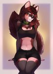 2021 anthro bra breasts brown_body brown_fur brown_hair canid canine canis clothed clothing collar countershading digital_media_(artwork) eyebrows eyelashes female fur green_eyes hair hi_res mammal midriff navel pubes red_wolf skylar_zero solo sports_bra talilly underwear wolf