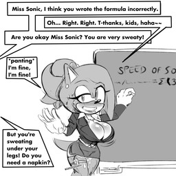 anthro big_breasts blush bodily_fluids breasts classroom cleavage clothed clothing crossgender dialogue female genital_fluids hidden_sex_toy hidden_vibrator huge_breasts lipstick makeup masturbation mtf_crossgender public_masturbation school sex_toy solo speech_bubble stealth_masturbation sweat teacher text vaginal_fluids vibrator missphase sega sonic_the_hedgehog_(series) sonic_the_hedgehog eulipotyphlan hedgehog mammal 1:1 english_text hi_res monochrome