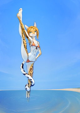 abs anthro athletic bikini breasts clothing female legs_up ribs skinny slim small_breasts smile solo stretching summer swimwear two-piece_swimsuit hudodriverufo hella_faith cheetah felid feline mammal absurd_res hi_res