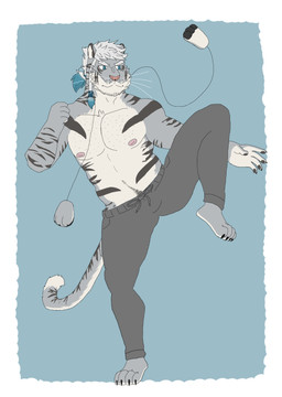 anthro barazoku body_hair chest_hair clothed clothing facial_hair fur grey_body grey_fur happy_trail kick male markings muscular muscular_anthro muscular_male nipples pecs pubes solo stripes topless whiskers white_body white_fur brunohyena home_zomewhere_else bruce_(hze) felid mammal pantherine tiger hi_res