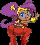 2021 alpha_channel blue_eyes breasts brown_body brown_skin butt clothing ear_piercing ear_ring female footwear genie hair humanoid humanoid_pointy_ears long_hair not_furry open_mouth open_smile piercing ponytail purple_hair ring_piercing shantae shantae_(series) shoes smile solo vilepluff wayforward