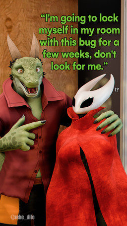 anthro black_body black_eyes breasts claws clothed clothing duo female gesture hand_gesture hand_on_shoulder horn looking_at_viewer male male/female open_mouth pointing simple_background smile text topwear white_body yellow_eyes zeke_dile petruz_(modeler) samzan_(modeler) hollow_knight_(franchise) team_cherry hornet_(hollow_knight) lizard_(petruz) animal_humanoid arthropod arthropod_humanoid humanoid insect lizard reptile scalie 2025 3d_(artwork) 4k 9:16 absurd_res blender_(artwork) digital_media_(artwork) hi_res